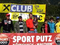 v.l. die drittplatzierten Radlwolf, Kurt Strobl, die Sieger Sarah und Daniel Obernosterer, die zweitplatzierten Jakob und Daniela Hafner sowie Trainer Gerald Ebner