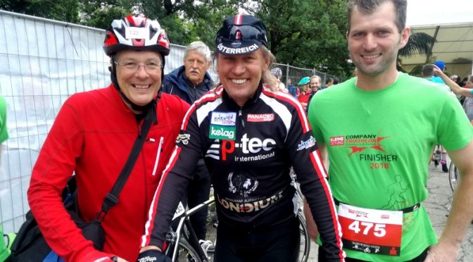 Radlwolf mit Landeshauptmann Peter Kaiser und Seppi Lackner beim „Company Triathlon“